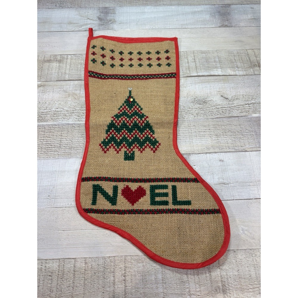 Vtg Handmade Burlap Christmas Stocking Noel Christmas Tree Cross Stitch Folk Art